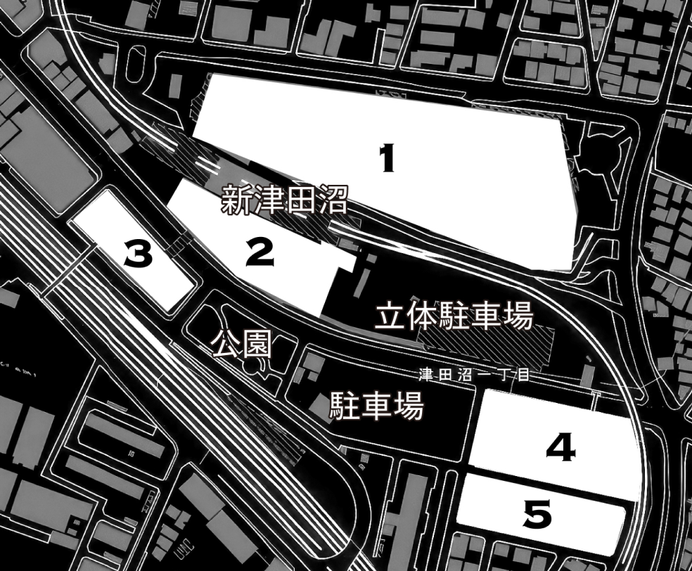 新津田沼駅周辺のエリア図。1から5の位置を示す